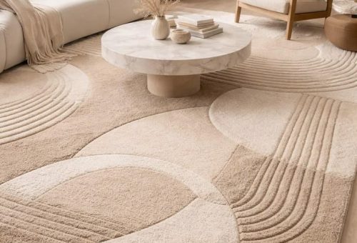 Neutral Abstract Area Rug - Modern Beige Cream Geometric Living Room Carpet